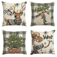 Nueva 4pcs Cojín Navideño De Peluche Corto Y Lino Estampado De Dibujos Animados Americanos Decoración Para El Hogar Material Poliéster - details 1