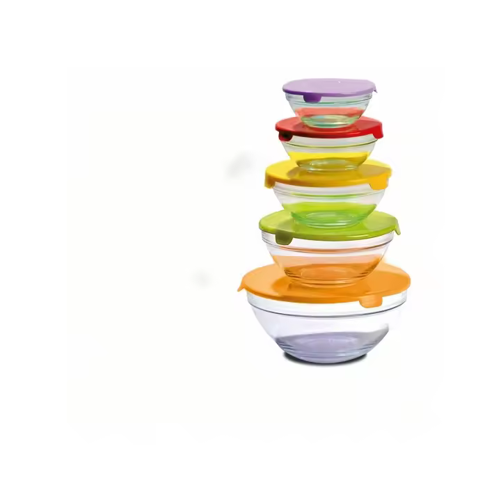 MAXHOME-Juego de 5 Cuencos de Cristal con Tapa,Ensaladeras, Cuencos para Aperitivos,Tupper redondos hermeticos,150ml 200ml 350ml 500ml y 900ml ,Color surtido,Aleatorio - 1