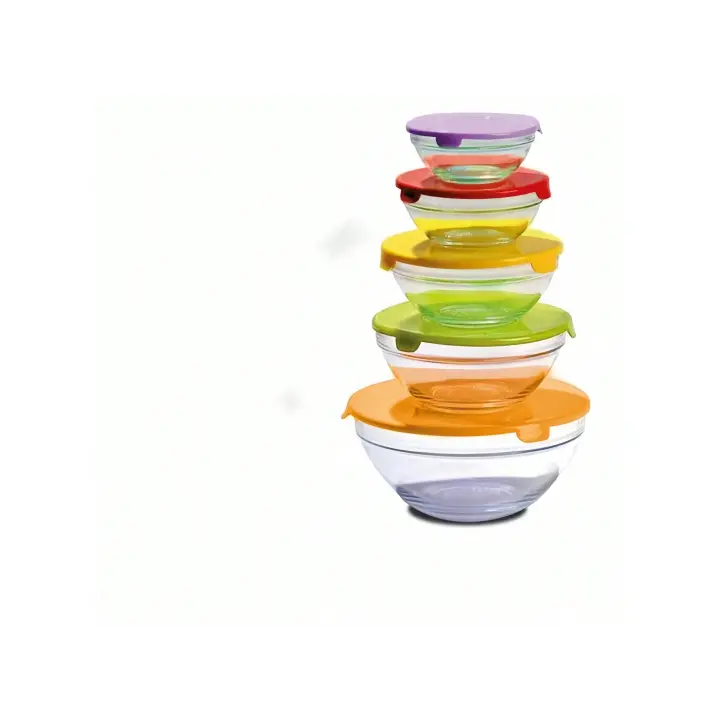 MAXHOME-Juego de 5 Cuencos de Cristal con Tapa,Ensaladeras, Cuencos para Aperitivos,Tupper redondos hermeticos,150ml 200ml 350ml 500ml y 900ml ,Color surtido,Aleatorio - 1