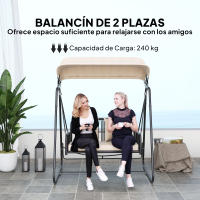 Outsunny Columpio de Jardín de 2 Plazas Balancín de Jardín Exterior con Toldo Retráctil Cojines y Estructura de Acero con Ratán PE Anti-UV para Balcón Terraza Patio Carga 240 kg 149x121x180 cm Caqui - details 5