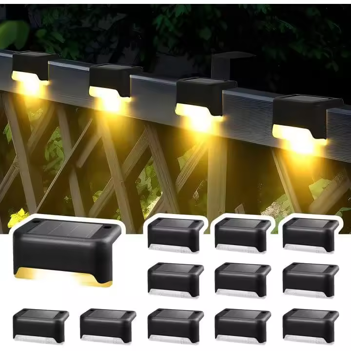 Luces solares para exteriores, paquete de 12 luces para escaleras, luces LED impermeables para escalones, cercas, patios, terrazas (negro, blanco cálido) - 1