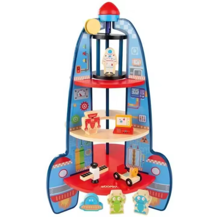 Color Baby Cohete de Madera WOOMAX - Juguetes para Apilar y Anidar - Incluye 2 Marcianitos - 1