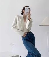 Chaqueta Corta Para Mujer En Blanco Sólido Elegante Con Manga Larga Abierta Frontal Casual Oficina Outerwear Poliéster Synthético - details 4