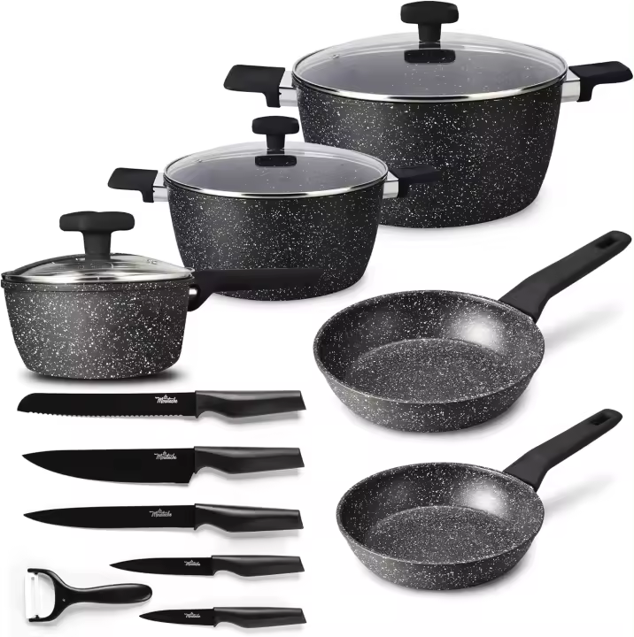 -Katería de Cocina de Aluminio con Antiadherente | 8 Piezas Onix + 5 Cuchillos Inoxidables con Pelador de Verduras, Ollas y Sartenes Aptas para Todas Las Cocinas, Incluido Inducción - 1