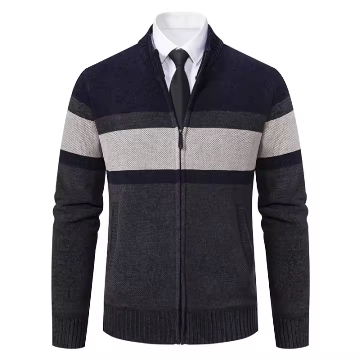 Chaqueta De Punto Para Hombre Con Cuello Erguido Y Cremallera Estilo Casual Thicken Fleece Caliente Suéter Con Patrón Rayado Abrigo De Invierno - 1