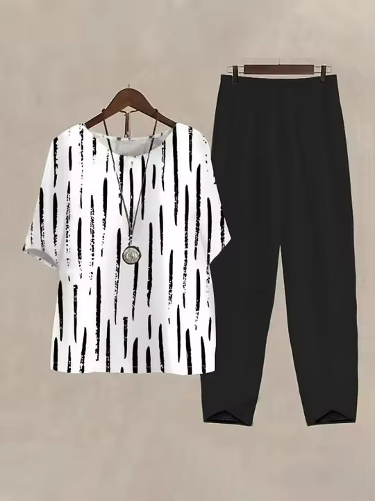  Conjunto De Moda Para Mujer Con Manga Corta Y Estampado Top Y Pantalones Elásticos Casual Ropa Suelta Para El Día Traje De Pista - 1