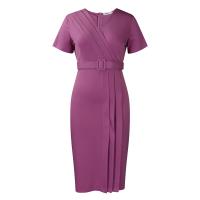 Vestido Elegante Para Oficina Para Mujer Con Cuello En V Manga Corta Cinturón Ajustado Recto Midi Formal Ropa De Negocios Para Mujer - details 40