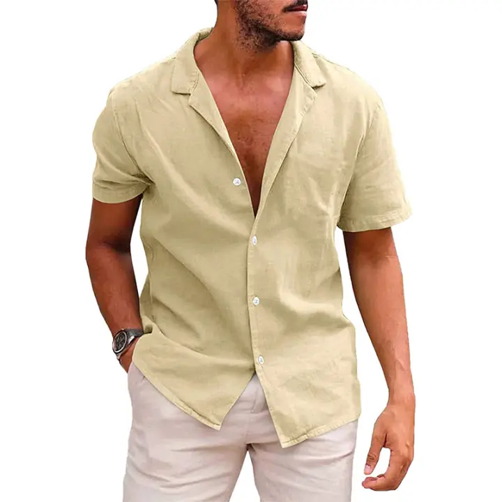 Camiseta de manga corta de lino de verano para hombre, talla grande, sudadera holgada, cárdigan con botones de color liso, camisa de algodón y lino para hombre - 1