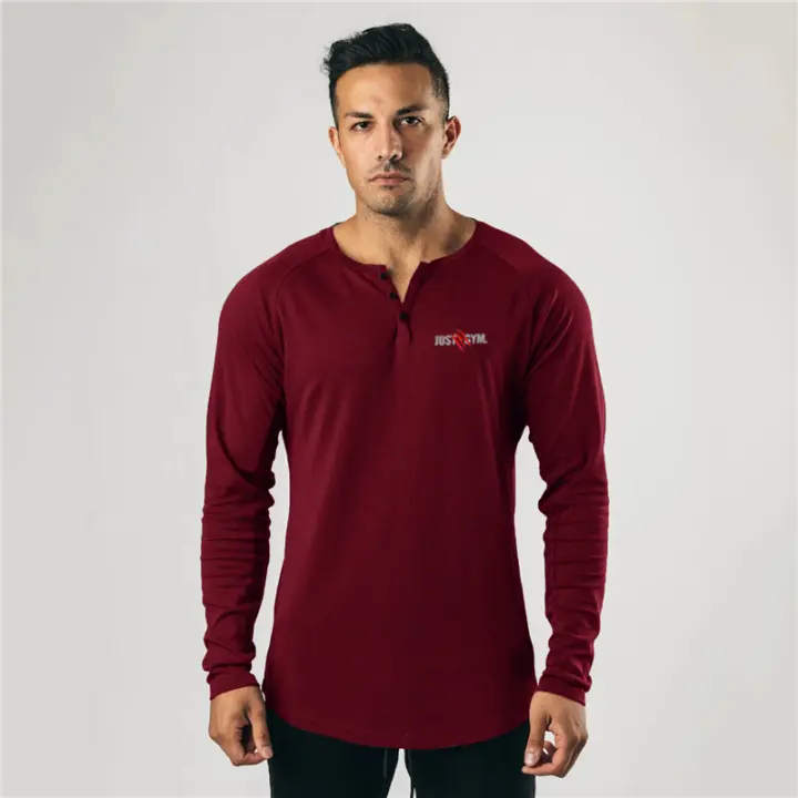 New Fashion Simple Long Sleeve Mens Print T-shirt Outdoor Casual Sport V-neck Solid Cotton Shirt Gym Fitness Loose Training Tops - 1