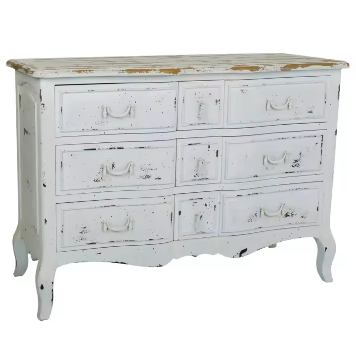 WANDERLUST DECO Comoda de Madera de Abeto Blanco Envejecido con 9 Cajones - Estilo Romántico - 1