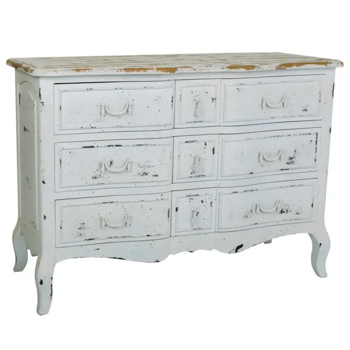 WANDERLUST DECO Comoda de Madera de Abeto Blanco Envejecido con 9 Cajones - Estilo Romántico - 1