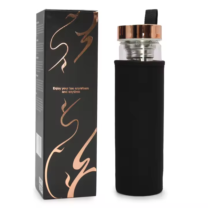 Viva Esencia Botella de Cristal con Infusor Oro Rosa y Ónix – Ideal para Té, Infusiones Calmantes y Bebidas Detox | Diseño elegante, libre de BPA, con funda protectora y filtro extraíble | Responsable en Europa: AW Artisan - 1