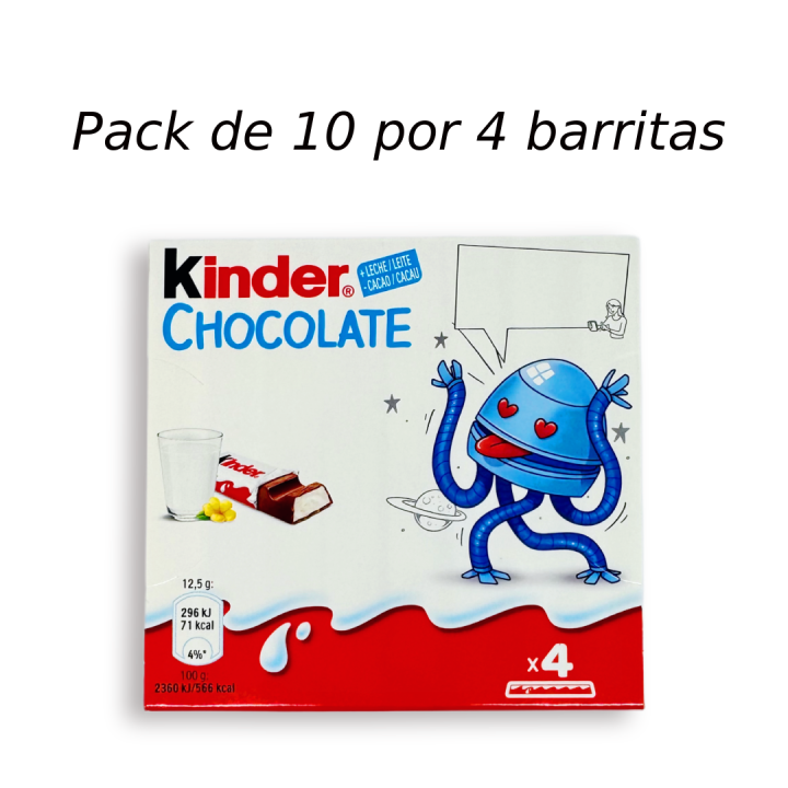 Kinder chocolate – caja 10 packs (4 barritas c/u)  🍫 Kinder chocolate pack-4 barritas en caja de 10 packs 🥛 Chocolate con leche con cremoso relleno lácteo. 🧒 Pequeñas porciones que dan mucho (4 barritas por pack).
