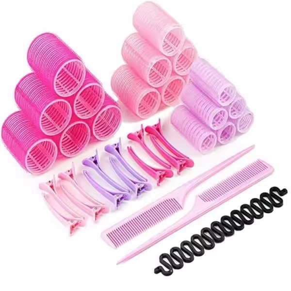 Paquete de 25 rodillos de pelo, clips, peine con divisores, rodillos de pelo pajaritas rosa - 1