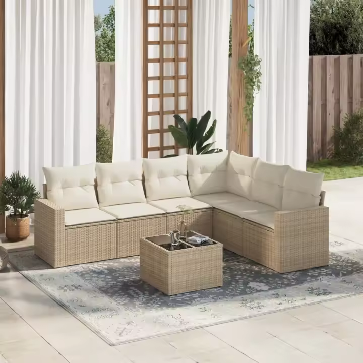 vidaXL Set sofás de jardín 7 piezas y cojines ratán sintético beige - 1
