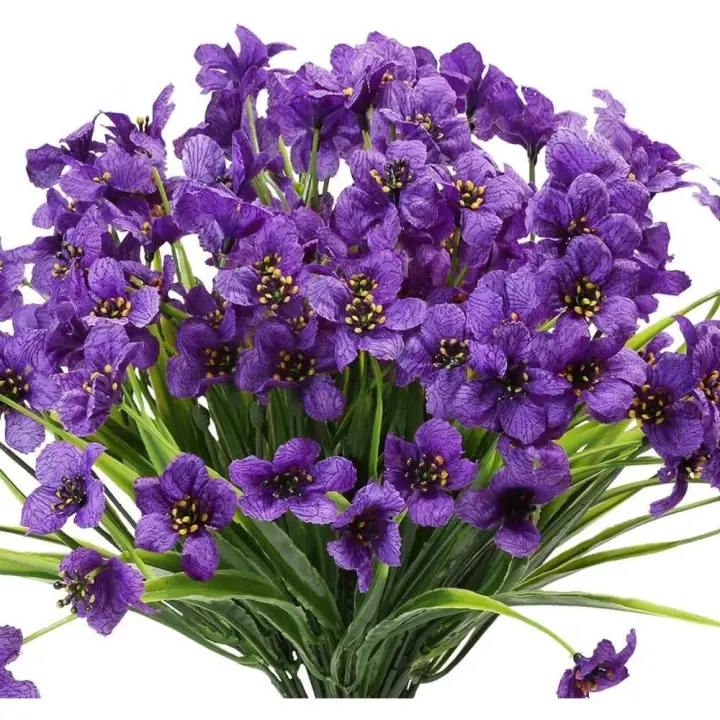 Falso artificial, 6 piezas de flores de plástico amarillo, arbustos verdes, plantas, arbustos de plástico, macetas colgantes de plástico para interiores y exteriores, decoración del hogar (morado) - 1