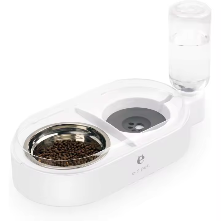 Cuenco para gatos y perros, dispensador de agua silencioso con botella, antiderrame y cuenco de acero inoxidable antideslizante para mascotas (blanco) - 1