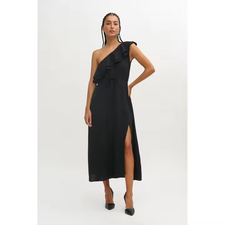 VESTIDO NEHA NEGRO - Vestido Largo, Negro, Black, Asimétrico, Volante, Abertura, Ibiza, Ibicenco, Poliester, Polyester, Primavera Verano para Mujer - 1