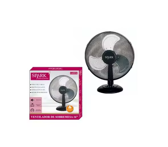SPARK- VENTILADOR DE SOBRE MESA DE 16". POTENCIA: 40W. VOLTAJE: 220V- 50HZ. 3 ASPAS GIRATORIAS CON REJILLA. AJUSTE DE 3 VELOCIDADES. AMPLIA OSCILACIÓN. RUIDO BAJO. - 1