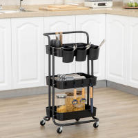 HOMCOM Carro Auxiliar con Ruedas Carrito de Almacenamiento de 3 Niveles con Asa 3 Cajas Colgantes y 4 Ganchos para Salón Comedor Cocina Baño 42x38x86,5 cm Blanco/Negro - details 1