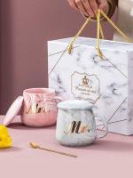 Juego de 2 Tazas de cerámica, con tapas y cucharas, diseño marmoleado perfecto para regalo de pareja en bodas, aniversario (Tazas Mr y Mrs) - details 1