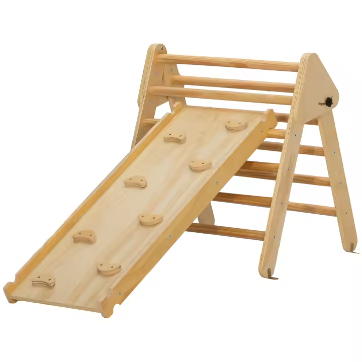 AIYAPLAY Triángulo de escalada, tobogán de madera 3 en 1 para escalar y deslizarse, área de juegos, para niños de 18 a 48 meses, carga máxima 50 kg, madera natural - 1