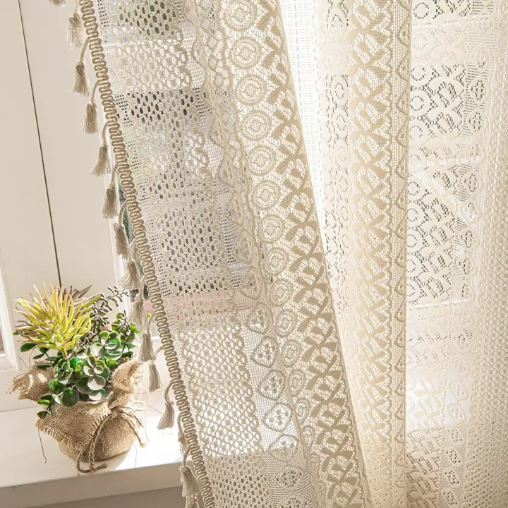 Cortina Bohemia Estilo Transparente Hecha De Voile Con Borlas Y Bolso Para Decoración De Sala De Estar En Color Beige Y Negro - 1