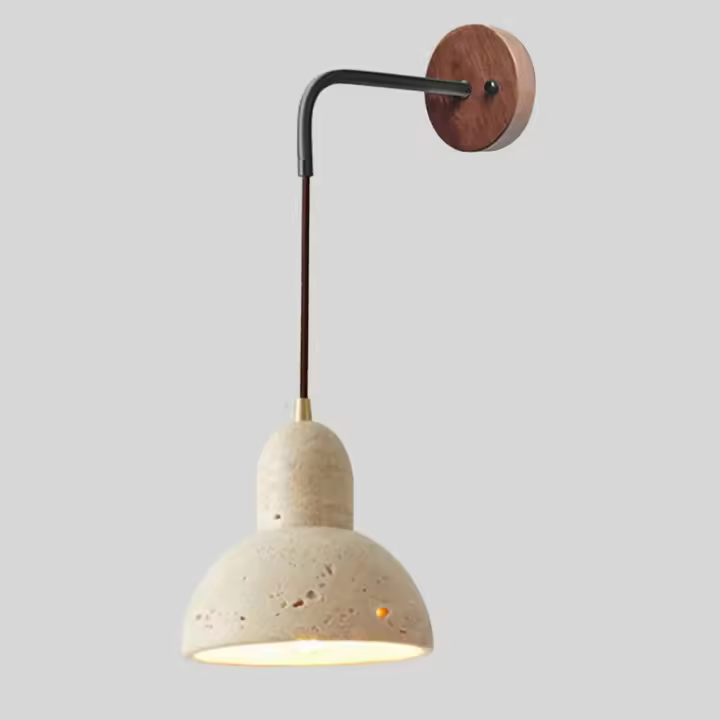 Aplique de pared de travertino amarillo con cúpula Wabi Sabi japonesa, lámpara de pared de madera industrial retro, lámpara de pared de piedra natural moderna con cableado para dormitorio, mesita de noche, sala de estar, decoración del pasillo - 1