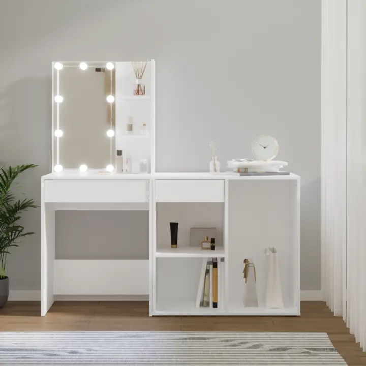 vidaXL Tocador con LED y armario madera contrachapada blanco - 1