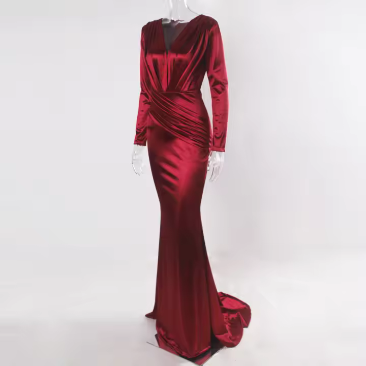 Vestido De Noche Elegante Romagic Con Cuello En V Y Aros En Satén De Manga Larga Estilo Sirena Rosa Para Bodas Y Bailes De Premio Largo Y Lujo - 1