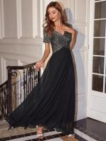 Vestido De Noche Con Cuello En V Y Secuinas De Contraste Nuevo Vestido Largo Elegante Para Mujer Con Corte Slim Y Sequinias - details 0