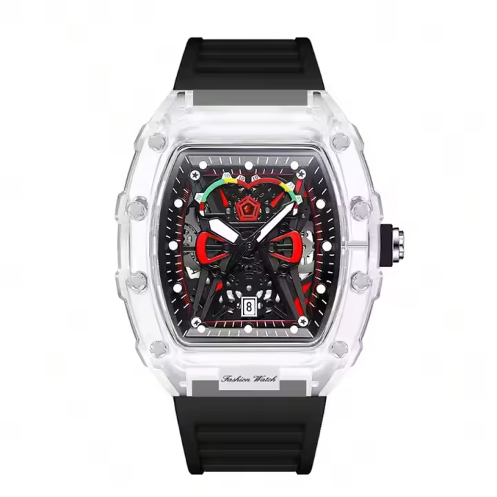 Reloj De Cuarzo Para Hombre Con Caja Transparente Y Correa De Silicona Estilo Deportivo Con Calendario Luz Interior - 1