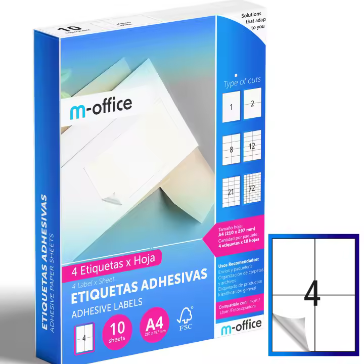 M-office Etiquetas Adhesivas A4 compatible con Label Printer, Pegatinas Blancas Adhesivas para Uso Diario, Papel Adhesivo para Imprimir, Pegatinas para Escribir (4 por hoja, 10h) - 1