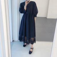 Vestido Largo Elegante De Encaje Patchwork Para Mujer REALEFT Otoño 2024 Cintura Alta Manga Larga Cuello Redondo Estilo Coreano Vestido Recto Para Mujer - details 1