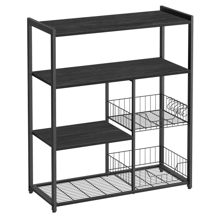 VASAGLE Estantería de Cocina con 2 Cestas de Malla Metálica, Estantería para Microondas, con Estantes y Ganchos, 35 x 80 x 95 cm, Estilo Industrial, Marrón Rústico y Negro Tinta/Gris Carbón y Negro Tinta/Nogal Medio y Blanco - 1