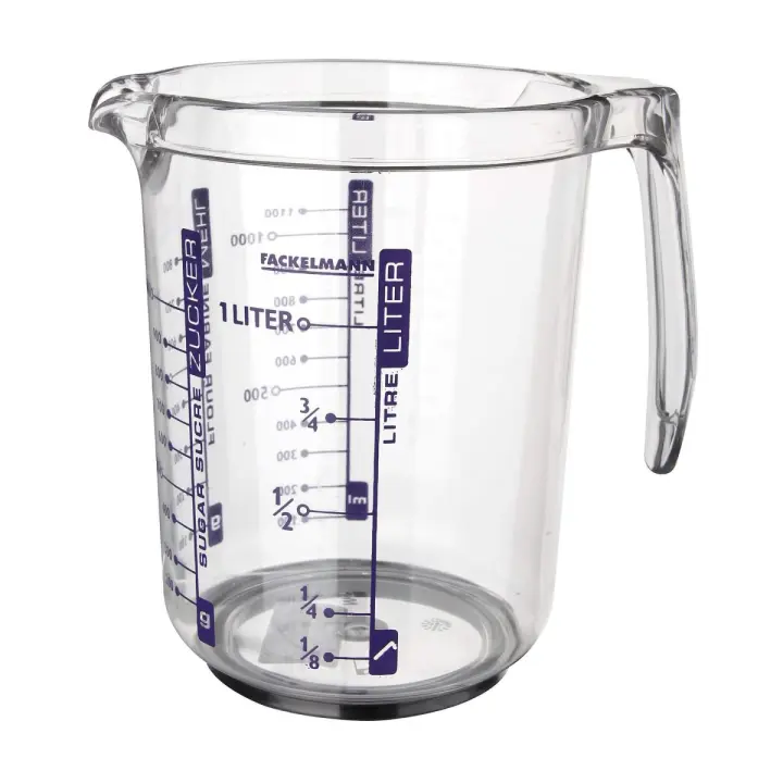 Fackelmann Jarra Medidora de Cocina,  1 litro de capacidad, con escala para medir líquidos, azúcar y harina, Plástico Transparente. Medidas 17,5x12,5x16,5 cm, 1 ud - 1