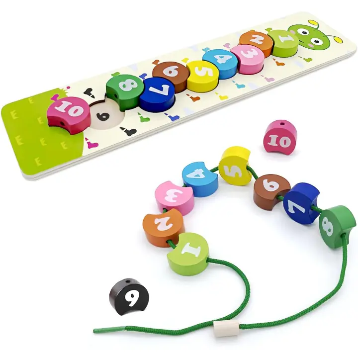 Juguetes de madera con cordones, juguetes Montessori para niños de 3 años, juguetes preescolares con cuentas con cordones, juguetes de aprendizaje temprano para niños pequeños que desarrollan habilidades motoras finas - 1