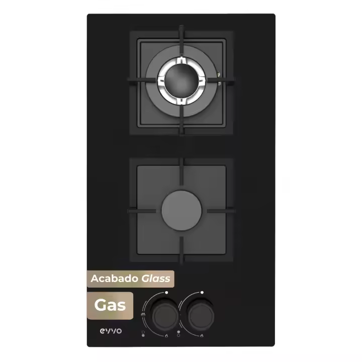 EVVO Placa de Gas V35 Glass, 2 quemadores (Wok + semirrápido), 3,6 kW, Gas Natural/Butano, Cristal templado - 1