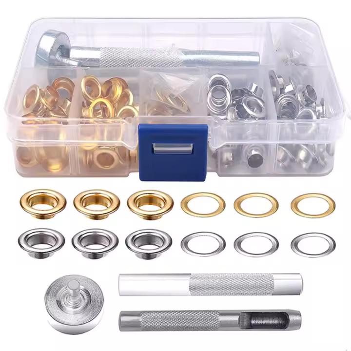 100 Piezas Ojales Remachadora Metalicos 12mm con Caja Almacenamiento y 3 Herramientas Instalación. Para Lonas/Cortinas/Toldos/Zapatos/Bolsas/Tela/Manualidades - 1
