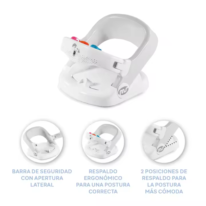MS Bebe - Asiento De Baño Giratorio 360 Para Bebé Con Reclinado y base antideslizante - Apertura frontal y 2 posiciones de reclinado - 1