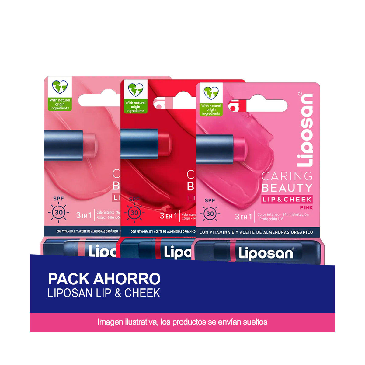 LIPOSAN Pack ahorro Lip&Ckeek Caring Beauty para Labios y Mejillas - Contiene colores rosa, nude y rojo