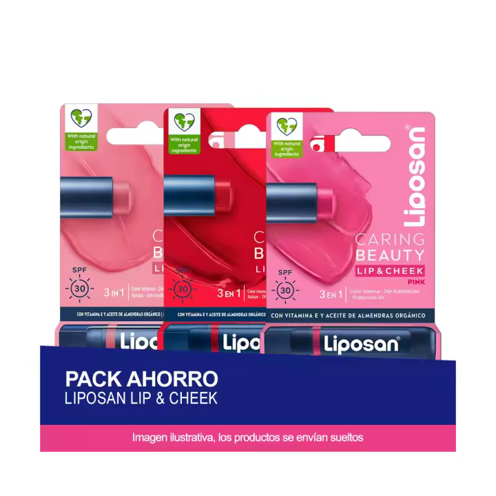 LIPOSAN Pack ahorro Lip&Ckeek Caring Beauty para labios y mejillas - Contiene colores rosa, nude y rojo - 1