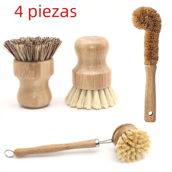 Set De 4 Brochas De Limpieza Ecológicas Basadas En Plantas Cepillo De Cocina De Bambú Para Lavar Platos Y Ollas - 1
