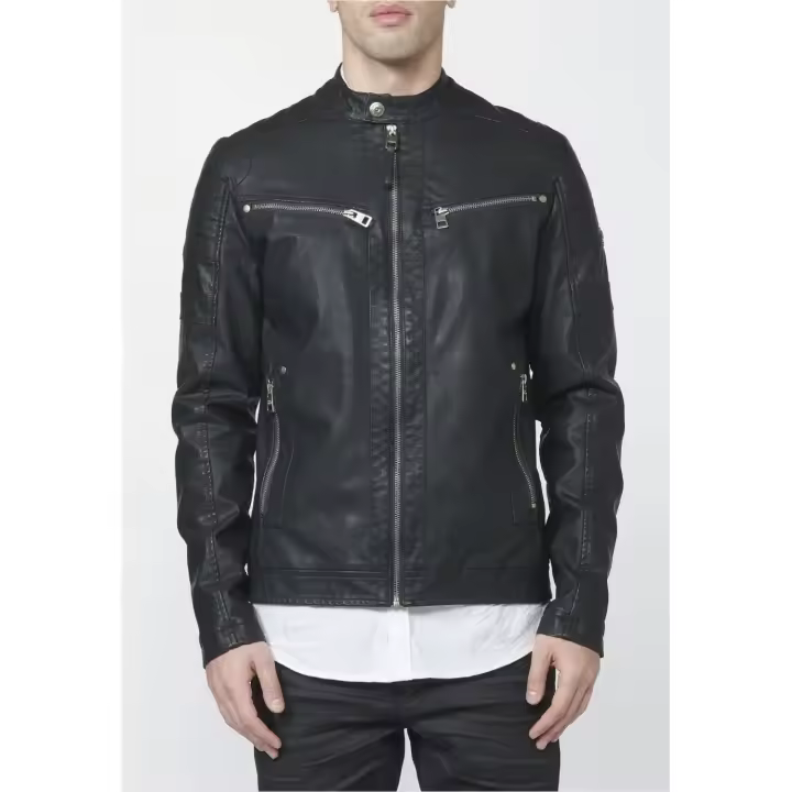 Chaqueta Koroshi Hunter de piel sintética, manga larga efecto piel, con bolsillos exteriores e interiores de hombre en color negro - 1