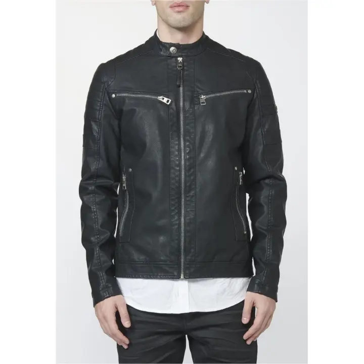 Chaqueta Koroshi Hunter de piel sintética, manga larga efecto piel, con bolsillos exteriores e interiores de hombre en color negro - 1