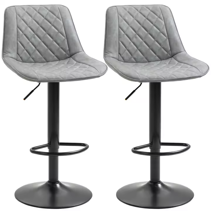 HOMCOM Juego de 2 Taburetes de Bar Giratorios, Taburetes Altos de Cocina con Altura Ajustable 86-106 cm, Sillas Altas de Cocina, Tapizada en Cuero Sintético, Respaldo y Reposapiés, Gris - 1