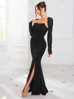 Vestido De Noche De Corte Mermaid Romagic Sin Espalda De Encaje Largo Manga Larga Sin Mangas Para Fiesta De Premio Traje De Baño Con Capa Desmontable - details 2