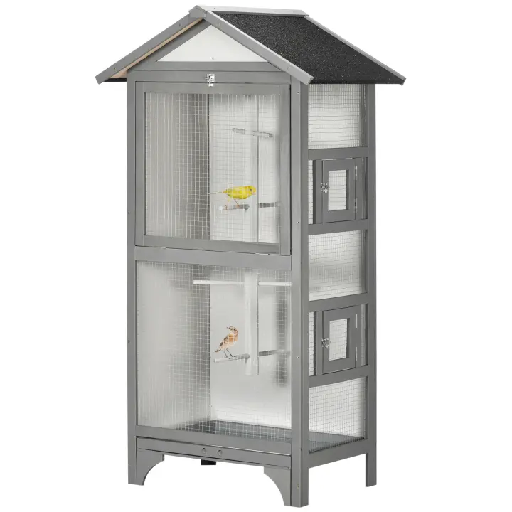 PawHut Jaula para Pájaros Pajarera de Madera con 3 Puertas 4 Perchas Bandeja Extraíble y Techo Asfáltico 80,5x57x153 cm - 1