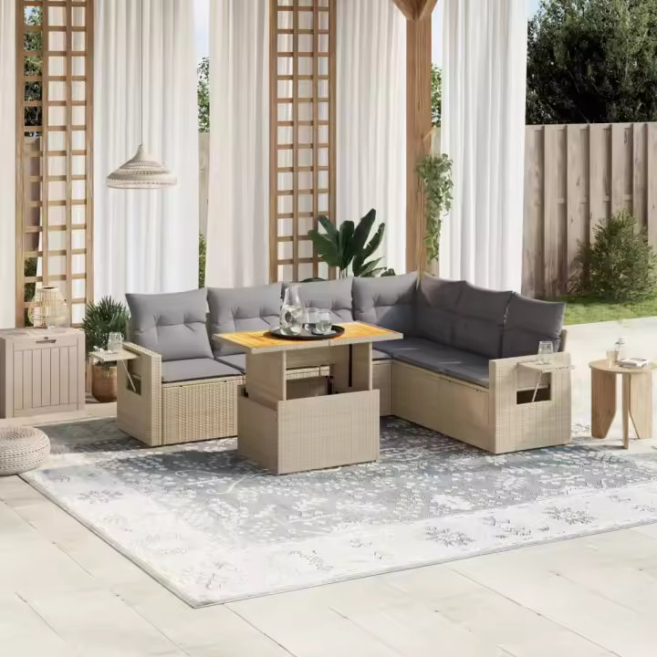 vidaXL Set sofás de jardín 7 piezas y cojines ratán sintético beige - 1