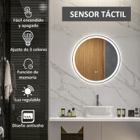 kleankin Espejo de Baño con Luces LED Ajustable Ø60 cm Espejo para Baño Redondo con Antivaho Función de Memoria e Interruptor Táctil para Salón Entrada Plata - details 0